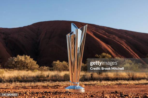 The T20 World Cup Trophy is pictured during the ICC Men's T20 World Cup Trophy Tour at Uluru on August 09, 2022 in Uluru, Australia. The T20 World...