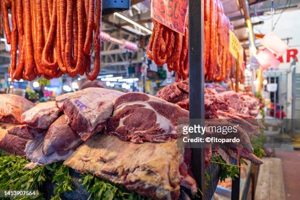 local farmer's market in mexico overlooks the meat aisles - cultivated meat stock pictures, royalty-free photos & images