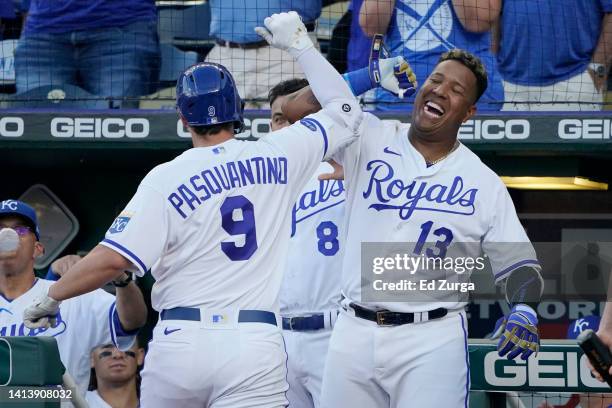 Vinnie Pasquantino of the Kansas City Royals celebrates his home run with Salvador Perez in the fourth inning during game two against the Chicago...