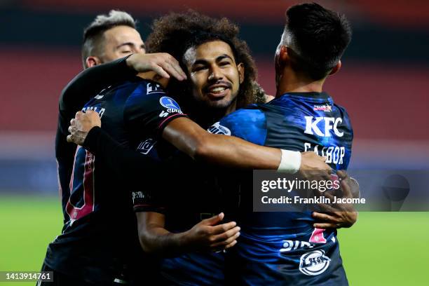 Junior Sornoza of Independiente del Valle celebrates with teammates after scoring his team's second goal during a Copa CONMEBOL Sudamericana 2022...