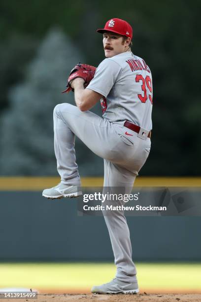 Starting pitcher Miles Mikolas of the St Louis Cardinals throws against the Colorado Rockies in the first inning at Coors Field on August 09, 2022 in...