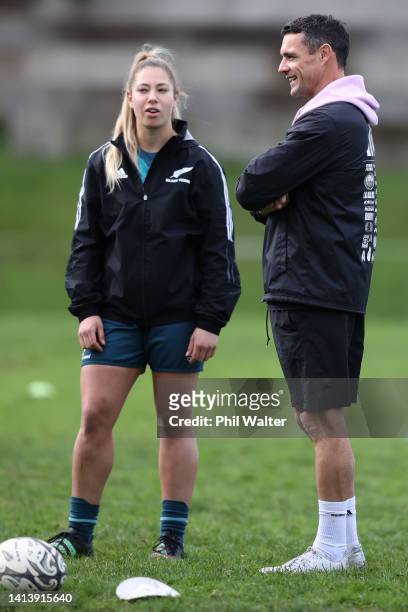 Former All Black Dan Carter helps out with a New Zealand Black Ferns training session at Westlake Boys High School on August 10, 2022 in Auckland,...