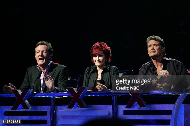 Finals Round 1" -- Aired -- Pictured: Judges Piers Morgan, Sharon Osbourne, and David Hasselhoff -- Photo by: Trae Patton/NBCU Photo Bank