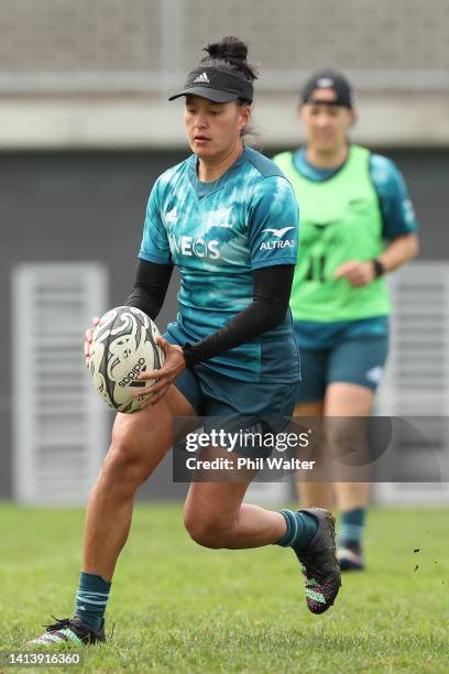 Tyla Nathan-Wong of the Black Ferns kicks during a New Zealand Black Ferns training session at Westlake Boys High School on August 10, 2022 in...