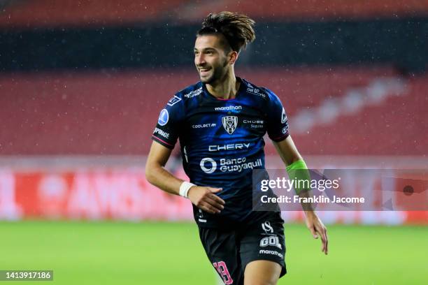 Lautaro Díaz of Independiente del Valle celebrates after scoring his team's third goal during a Copa CONMEBOL Sudamericana 2022 quarterfinal...