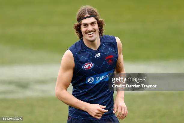 Luke Jackson of the Demons is seen during a Melbourne Demons AFL training session at Casey Fields on August 10, 2022 in Melbourne, Australia.