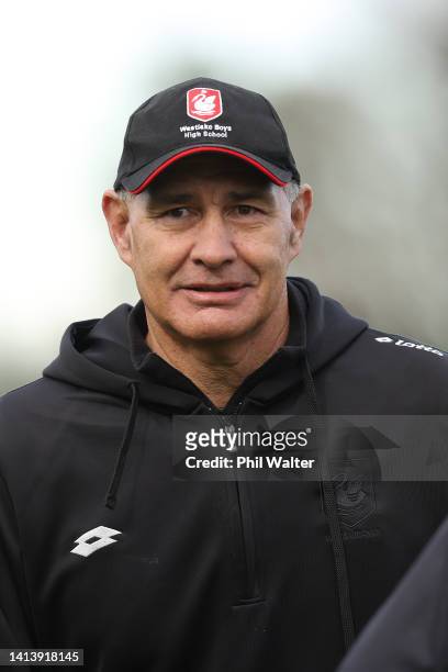 Former Rugby League player Hugh McGahan helps out during a New Zealand Black Ferns training session at Westlake Boys High School on August 10, 2022...