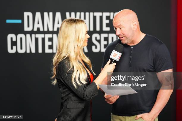 President Dana White announces the contract winners during Dana White's Contender Series season six, week three at UFC APEX on August 09, 2022 in Las...