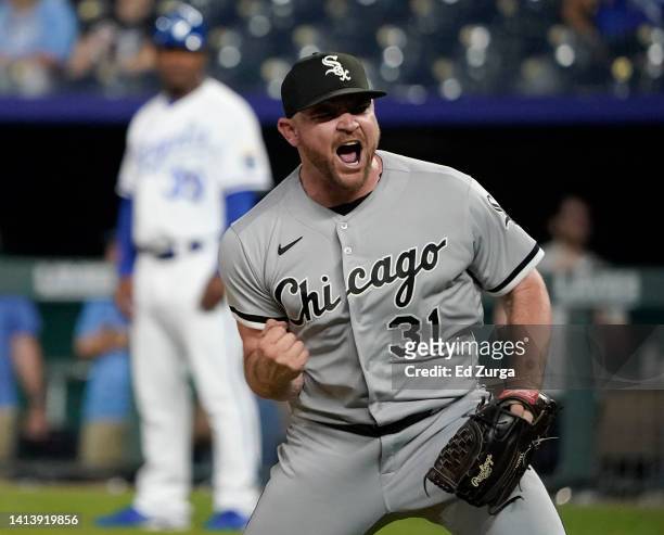 Liam Hendriks of the Chicago White Sox celebrates after striking out Michael A. Taylor of the Kansas City Royals to end the game during game two of...