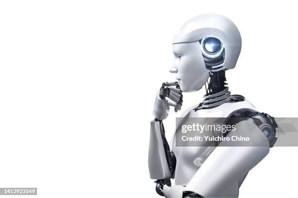 robot thinking on white background - ai robot stock pictures, royalty-free photos & images