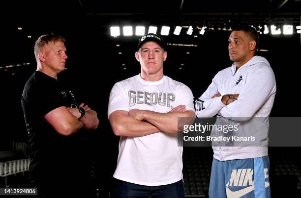 Paul Gallen , Justin Hodges and Ben Hannant pose for a photo after a press conference announcing the fight night between Paul Gallen, and Justin...
