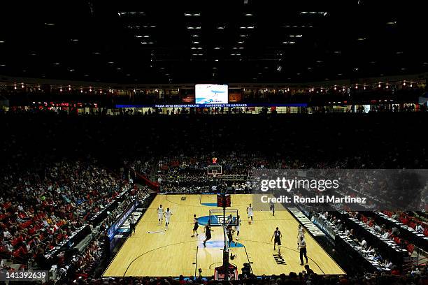 General view of the court is seen as the Harvard Crimson take on the Vanderbilt Commodores in the first half of the game during the second round of...