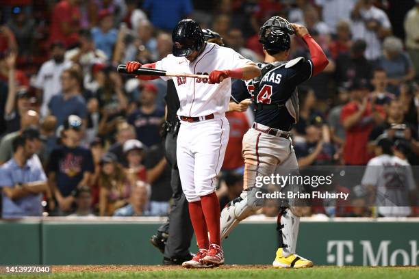 Tommy Pham of the Boston Red Sox reacts after striking out against the Atlanta Braves in the 11th inning at Fenway Park on August 09, 2022 in Boston,...