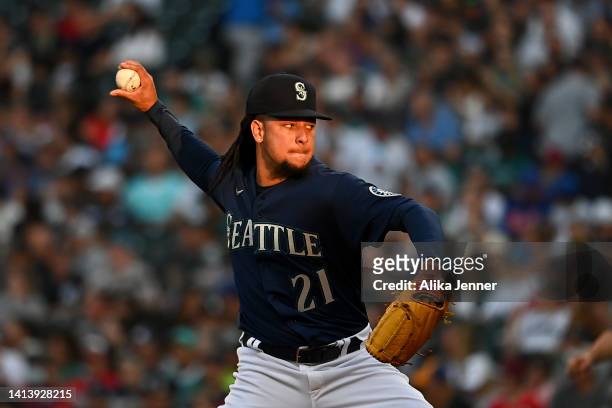 Luis Castillo of the Seattle Mariners pitches in the third inning against the New York Yankees at T-Mobile Park on August 09, 2022 in Seattle,...