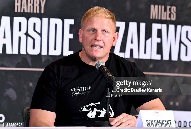 Ben Hannant speaks during a press conference announcing the fight night between Paul Gallen, and Justin Hodges & Ben Hannant at Nissan Arena on...