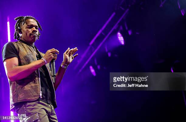 Rapper Lil Baby performs during One of Them Ones Tour at PNC Music Pavilion on August 09, 2022 in Charlotte, North Carolina.