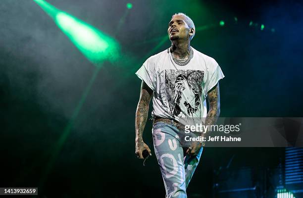 Singer Chris Brown performs during One of Them Ones Tour at PNC Music Pavilion on August 09, 2022 in Charlotte, North Carolina.