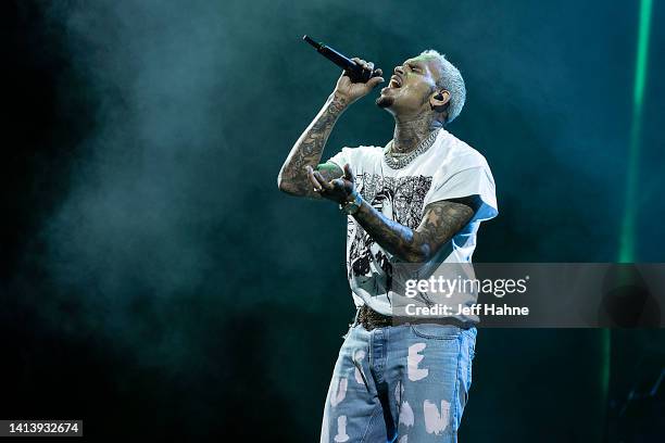 Singer Chris Brown performs during One of Them Ones Tour at PNC Music Pavilion on August 09, 2022 in Charlotte, North Carolina.