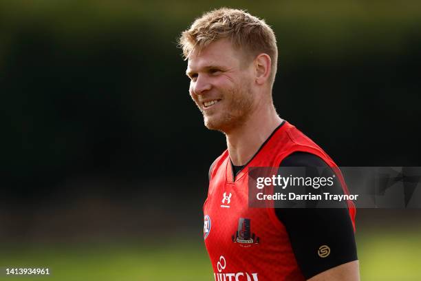 Michael Hurley of the Bombers takes part during an Essendon Bombers AFL training session at The Hangar on August 10, 2022 in Melbourne, Australia.