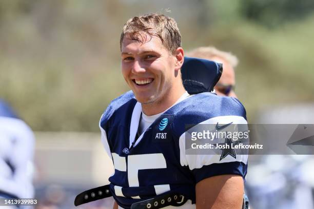 Linebacker Leighton Vander Esch of the Dallas Cowboys looks on during training camp at River Ridge Fields on August 09, 2022 in Oxnard, California.