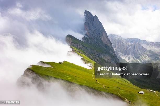 the seceda mountain in the dolomite mountain range in italy. - cortina d'ampezzo foto e immagini stock