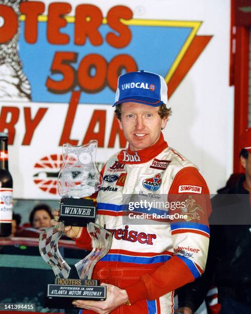 November 15, 1992: Although Bill Elliott drove Junior Johnson’s Budweiser Ford to victory in the Hooters 500 NASCAR Cup race at Atlanta International...