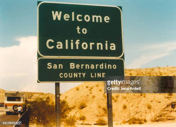 vintage travel sign, vintage california sign road trip - san bernardino county stock pictures, royalty-free photos & images
