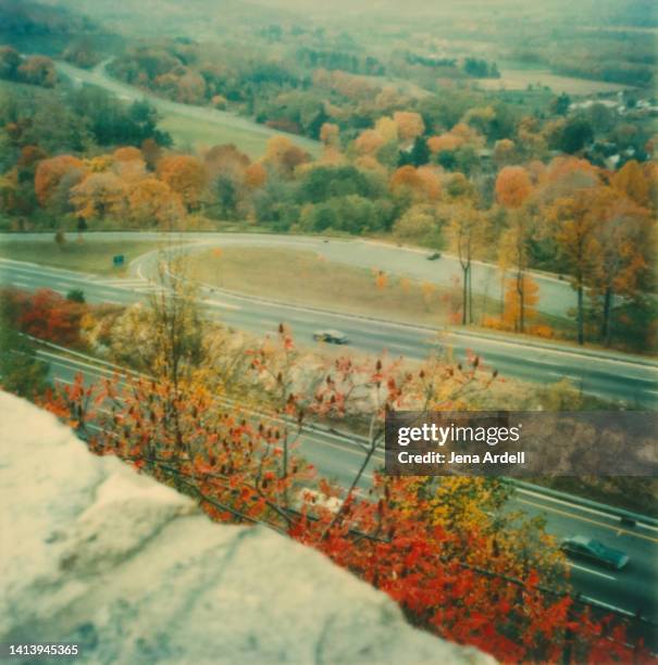 fall foliage autumn leaf color, vintage travel highway with scenic overlook, 1970s photograph - delaware water gap stock pictures, royalty-free photos & images