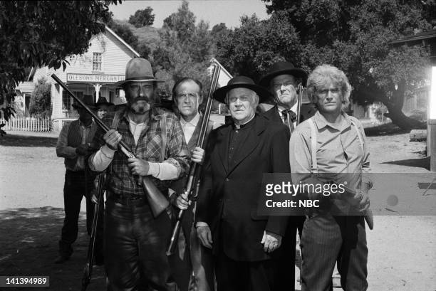 New Beginning -- "Little House: The Last Farewell" Air Date -- Pictured: Victor French as Isaiah Edwards, Richard Bull as Nelson "Nels" Oleson, Dabbs...