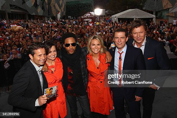 American singer, Lenny Kravitz poses with the "TODAY" show cast, Steven Jacobs, Lisa Wilkinson, Georgie Gardner, Karl Stefanovic and Richard Wilkins...