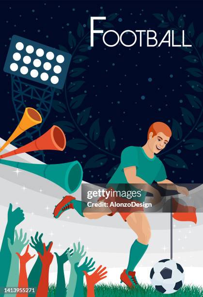 football player. soccer tournament poster. - vuvuzela stock illustrations