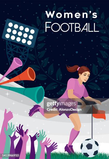 football player. woman's football tournament poster. - vuvuzela stock illustrations