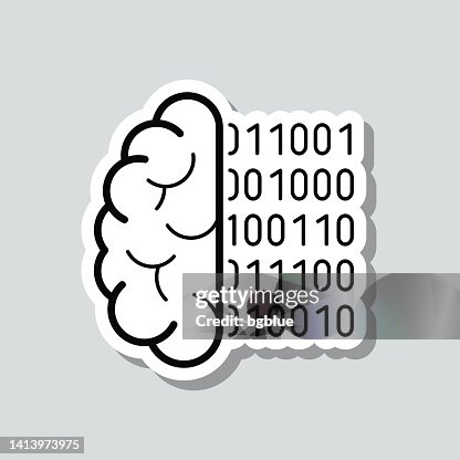 Brain with binary code. Icon sticker on gray background Brain with binary code. Icon sticker on gray background