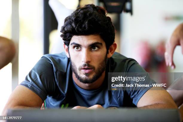 Wolverhampton Wanderers unveil new signing Goncalo Guedes at The Sir Jack Hayward Training Ground on August 08, 2022 in Wolverhampton, England.