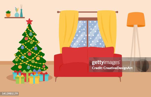 christmas living room with christmas tree, gift boxes, sofa and snowfall through the window - new sofa stock illustrations