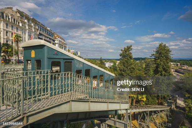 the famous funicular, a cable train connecting the upper and lower town of pau in the south of france - pau france stock pictures, royalty-free photos & images