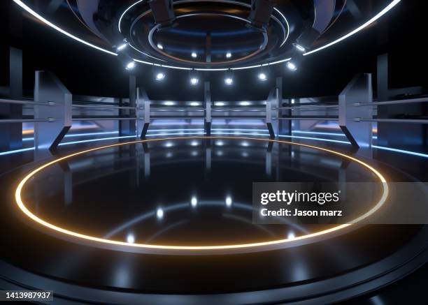 circular metal technology exhibition platform - gold circle 3d stock pictures, royalty-free photos & images