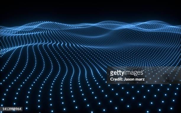 digital data of particle wave and network connection - hud grafische gebruikersinterface stockfoto's en -beelden