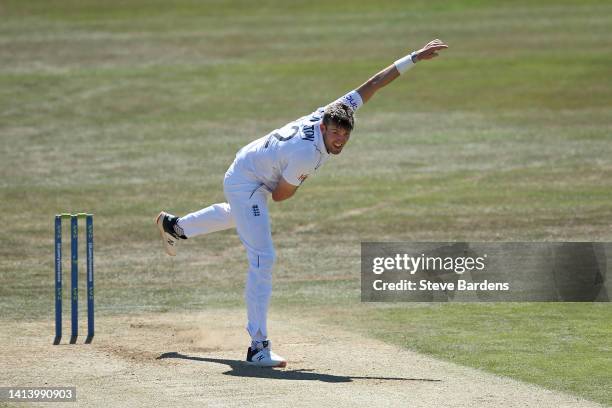 Craig Overton of England Lions bowls during day two of the tour match between England Lions and South Africa at The Spitfire Ground on August 10,...