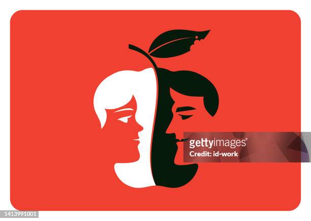 illustrations, cliparts, dessins animés et icônes de femme face à un homme maléfique avec une silhouette de pomme - face a face