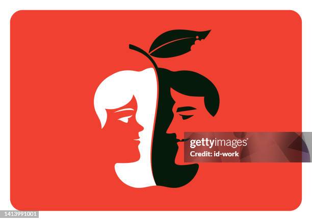 illustrazioni stock, clip art, cartoni animati e icone di tendenza di donna che affronta l'uomo malvagio con la silhouette della mela - malvagità