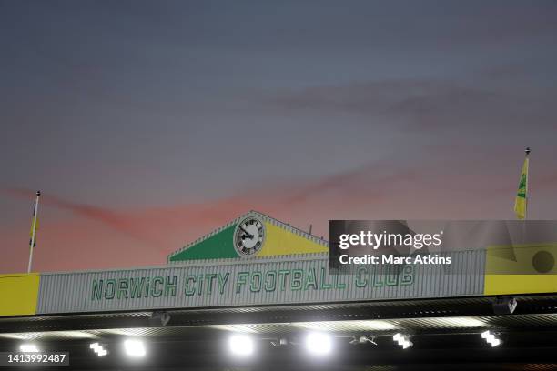 General view of Carrow Road at sunset during the Carabao Cup First Round match between Norwich City and Birmingham City at Carrow Road on August 09,...