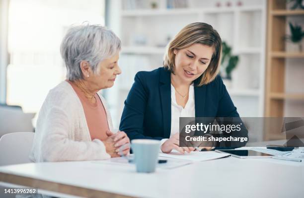 retirement planning, asset management and financial advice with a senior woman and her advisor, broker or investment agent. talking, discussing and planning savings, finance and wealth for the future - retirement advice stock pictures, royalty-free photos & images