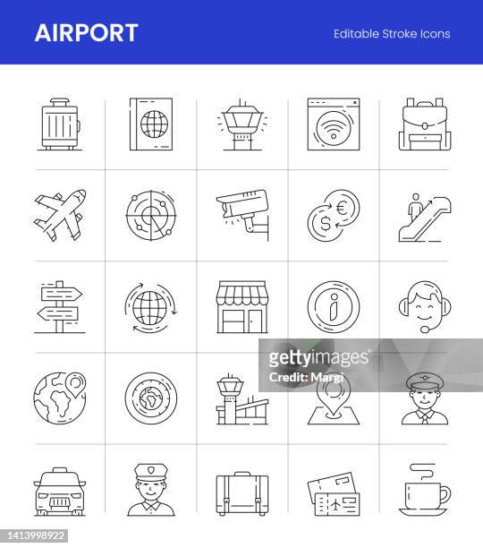 airport editable stroke line icons - the greenwich meridian stock illustrations