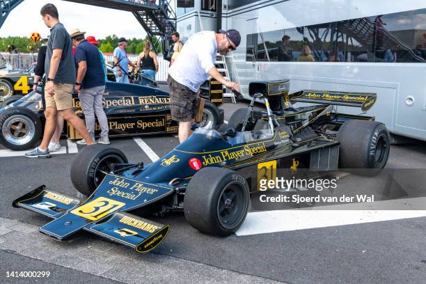 Lotus 76 Formula 1 race car driving in the 1974 F1 season by Ronnie Peterson on display during the classic days event on August 6, 2022 in...