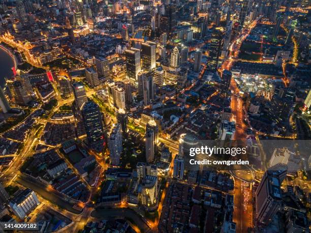 aerial view of business district in the downtown - suburban downtown stock pictures, royalty-free photos & images