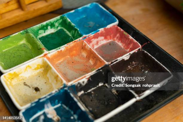 high angle view of painting tools in tray - paint tray stock-fotos und bilder