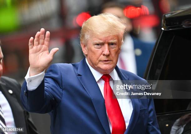 Former U.S. President Donald Trump leaves Trump Tower to meet with New York Attorney General Letitia James for a civil investigation on August 10,...