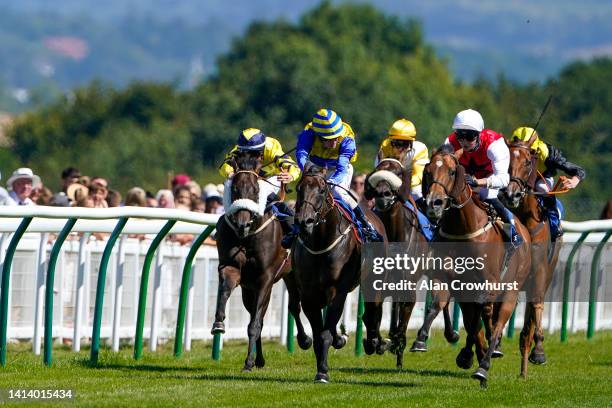 William Cox riding Glamorous Breeze win The S H Jones Wines Handicap at Salisbury Racecourse on August 10, 2022 in Salisbury, England.