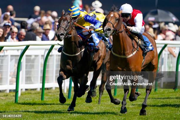 William Cox riding Glamorous Breeze win The S H Jones Wines Handicap at Salisbury Racecourse on August 10, 2022 in Salisbury, England.